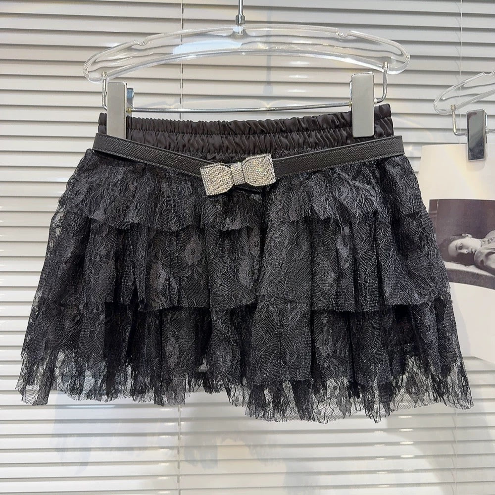 Internet celebrity same style 2025 summer new bow diamond belt multi-layer lace sweet short skirt cake skirt half skirt
