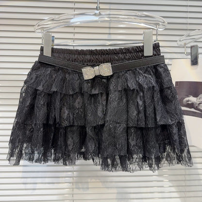 Internet celebrity same style 2025 summer new bow diamond belt multi-layer lace sweet short skirt cake skirt half skirt