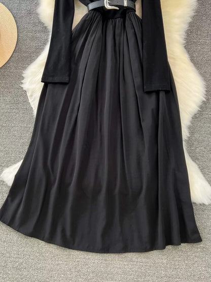 French Hepburn style ladylike temperament slant collar off-shoulder ruffled suspender waist slimming A-line dress for women