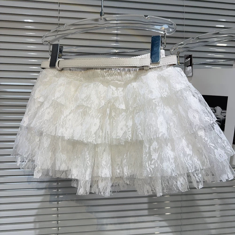 Internet celebrity same style 2025 summer new bow diamond belt multi-layer lace sweet short skirt cake skirt half skirt