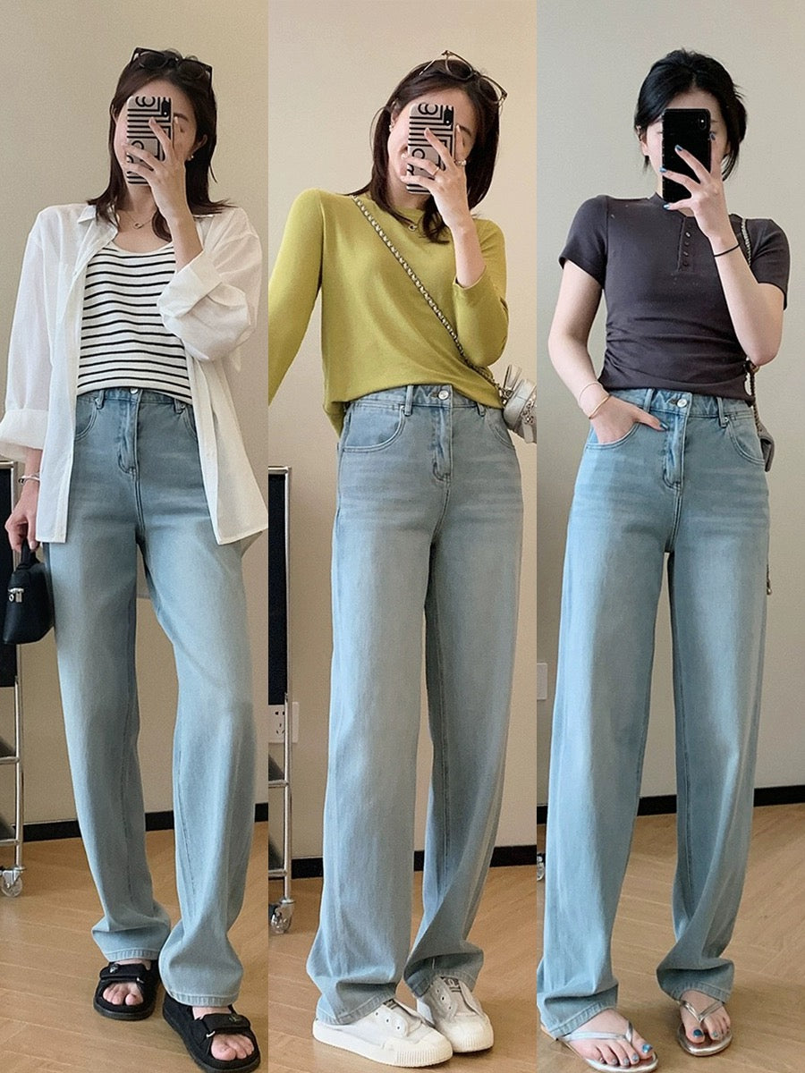 Dading homemade sea salt oxygen blue! Limited Edition Four-Way Stretch Tencel Straight Leg Wide Leg Pants Women's Loose Drapey Jeans