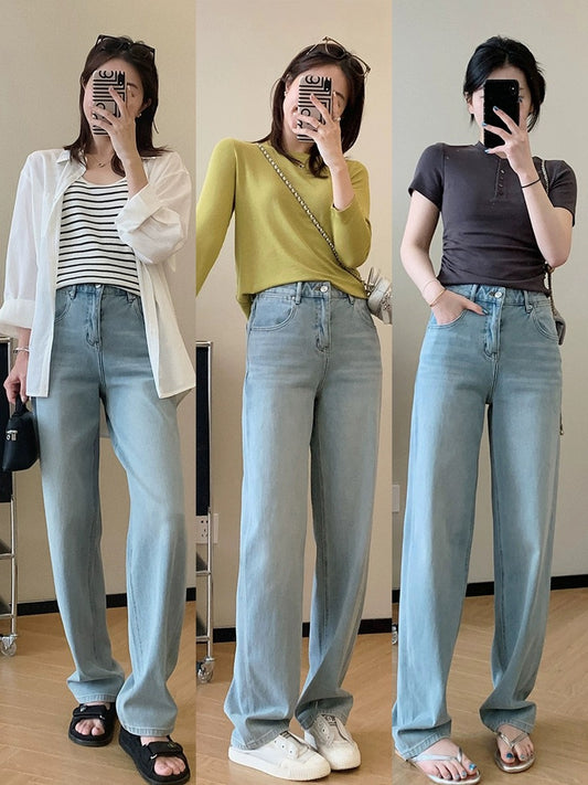 Dading homemade sea salt oxygen blue! Limited Edition Four-Way Stretch Tencel Straight Leg Wide Leg Pants Women's Loose Drapey Jeans