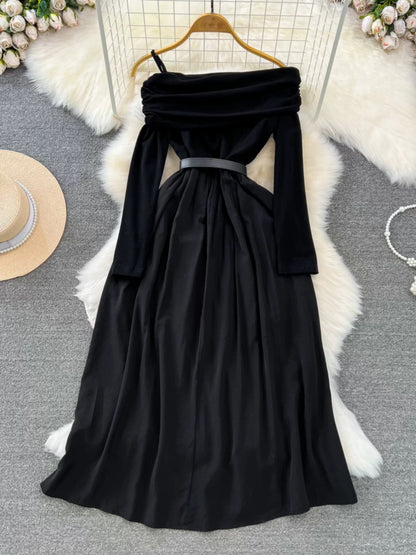 French Hepburn style ladylike temperament slant collar off-shoulder ruffled suspender waist slimming A-line dress for women