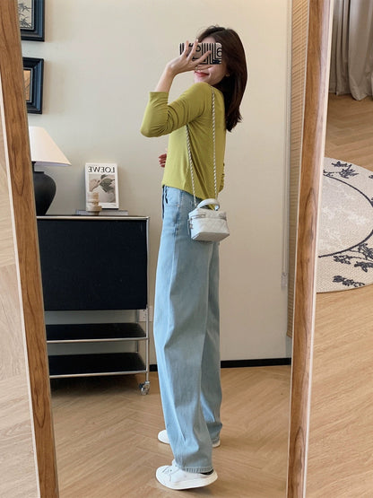 Dading homemade sea salt oxygen blue! Limited Edition Four-Way Stretch Tencel Straight Leg Wide Leg Pants Women's Loose Drapey Jeans