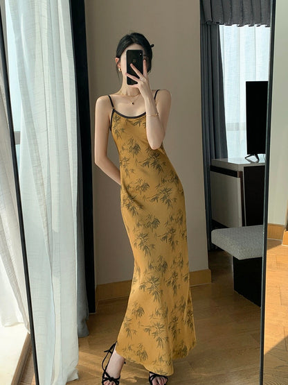 Guoge's suspender dress for women 2024 summer new high-end waist slimming printed satin long skirt