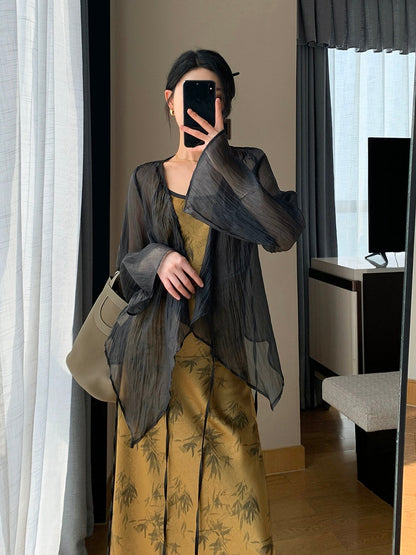 Guoge's suspender dress for women 2024 summer new high-end waist slimming printed satin long skirt