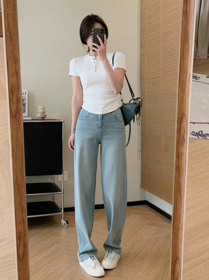 Dading homemade sea salt oxygen blue! Limited Edition Four-Way Stretch Tencel Straight Leg Wide Leg Pants Women's Loose Drapey Jeans