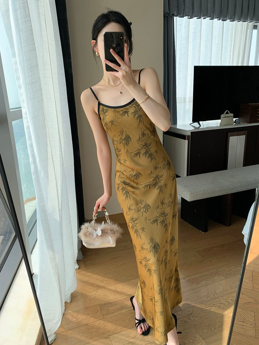 Guoge's suspender dress for women 2024 summer new high-end waist slimming printed satin long skirt