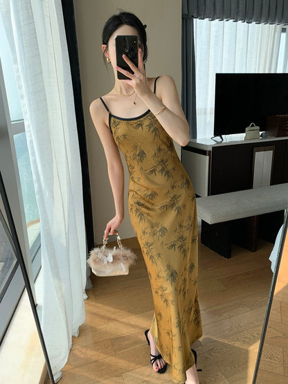 Guoge's suspender dress for women 2024 summer new high-end waist slimming printed satin long skirt