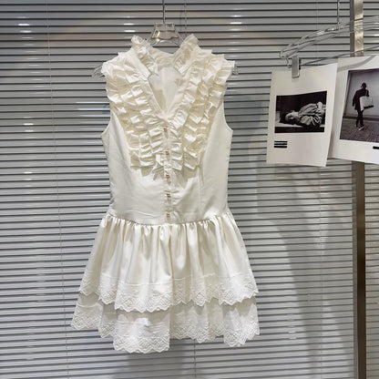Internet celebrity same style 2025 summer new French sweet wood ear pleated design pearl button vest dress