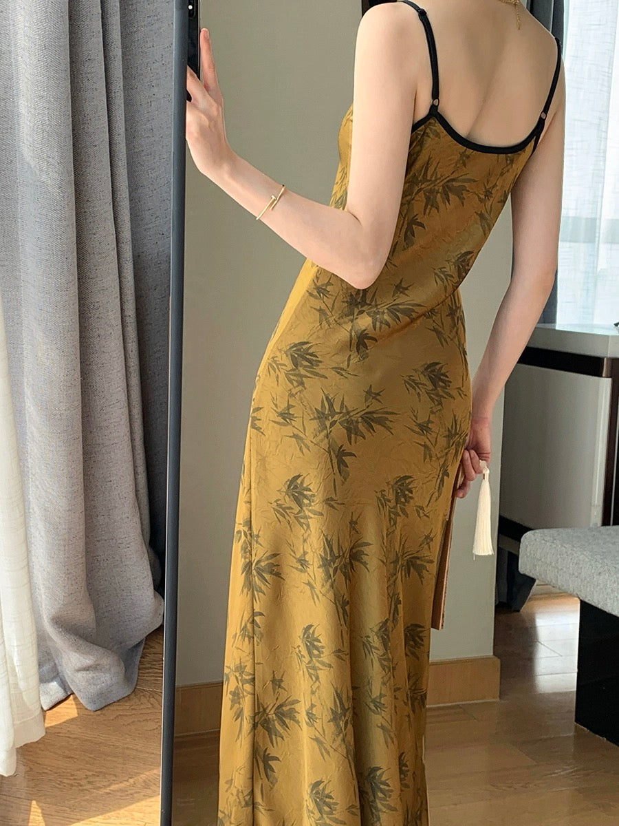 Guoge's suspender dress for women 2024 summer new high-end waist slimming printed satin long skirt