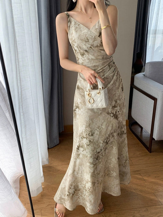 FT GUOGE floral suspender dress for women 2024 new summer style super nice French pleated waist slimming long skirt
