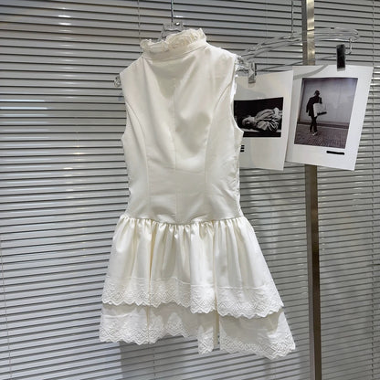 Internet celebrity same style 2025 summer new French sweet wood ear pleated design pearl button vest dress