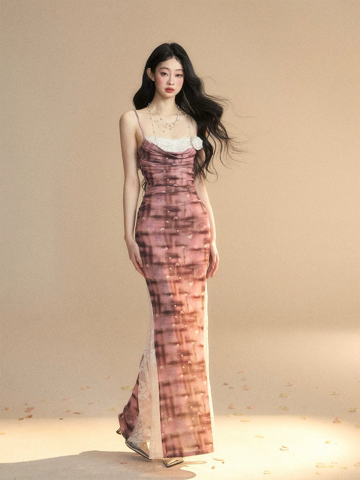 Shao Yeyan Lillian Dream One Shoulder French Lace Plaid Suspender Dress Women's Summer Waist Slimming Long Dress