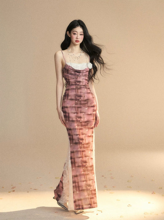 Shao Yeyan Lillian Dream One Shoulder French Lace Plaid Suspender Dress Women's Summer Waist Slimming Long Dress