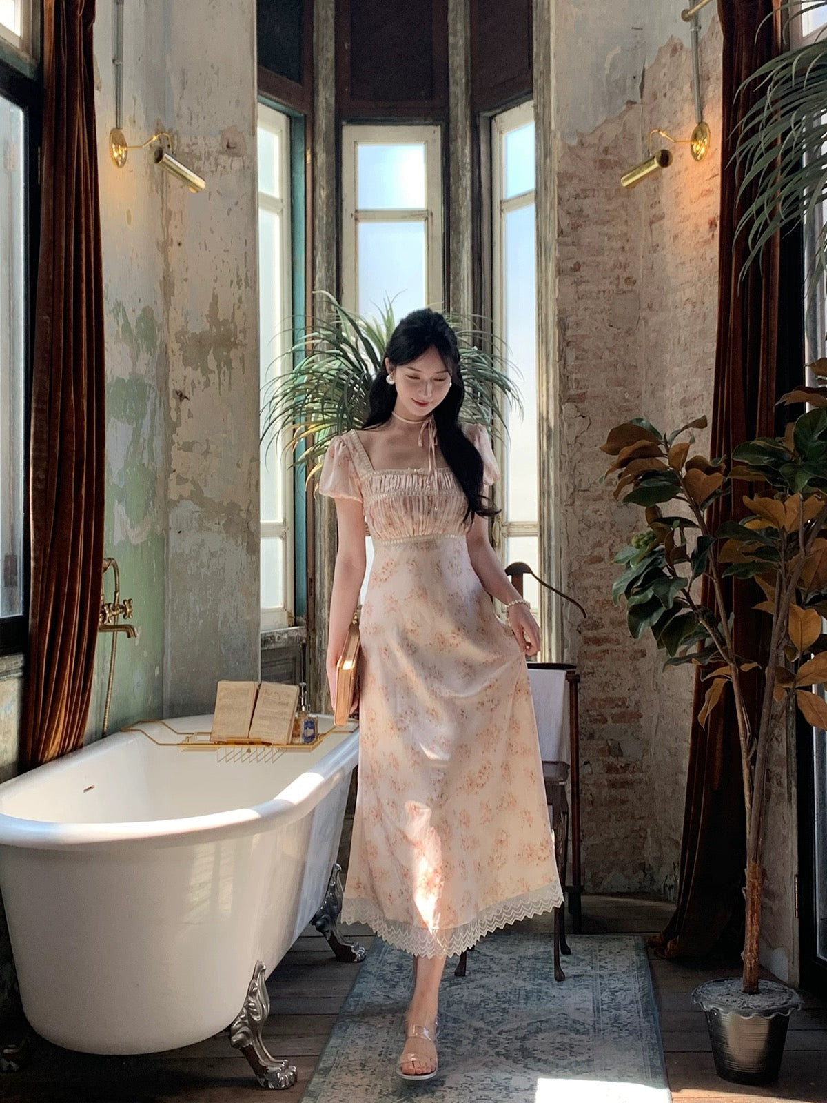 PartyYan Baileys French gentle floral satin lace temperament slim long dress niche design