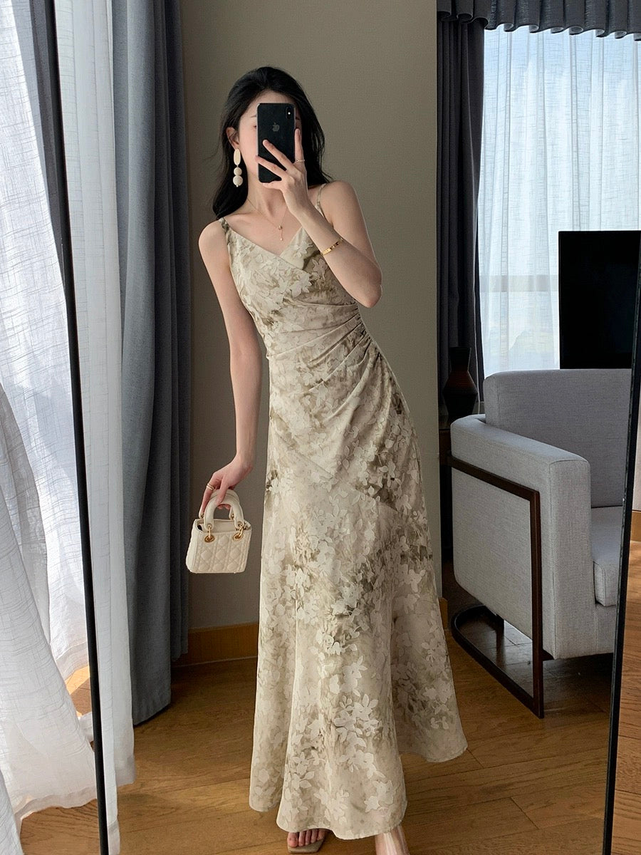 FT GUOGE floral suspender dress for women 2024 new summer style super nice French pleated waist slimming long skirt