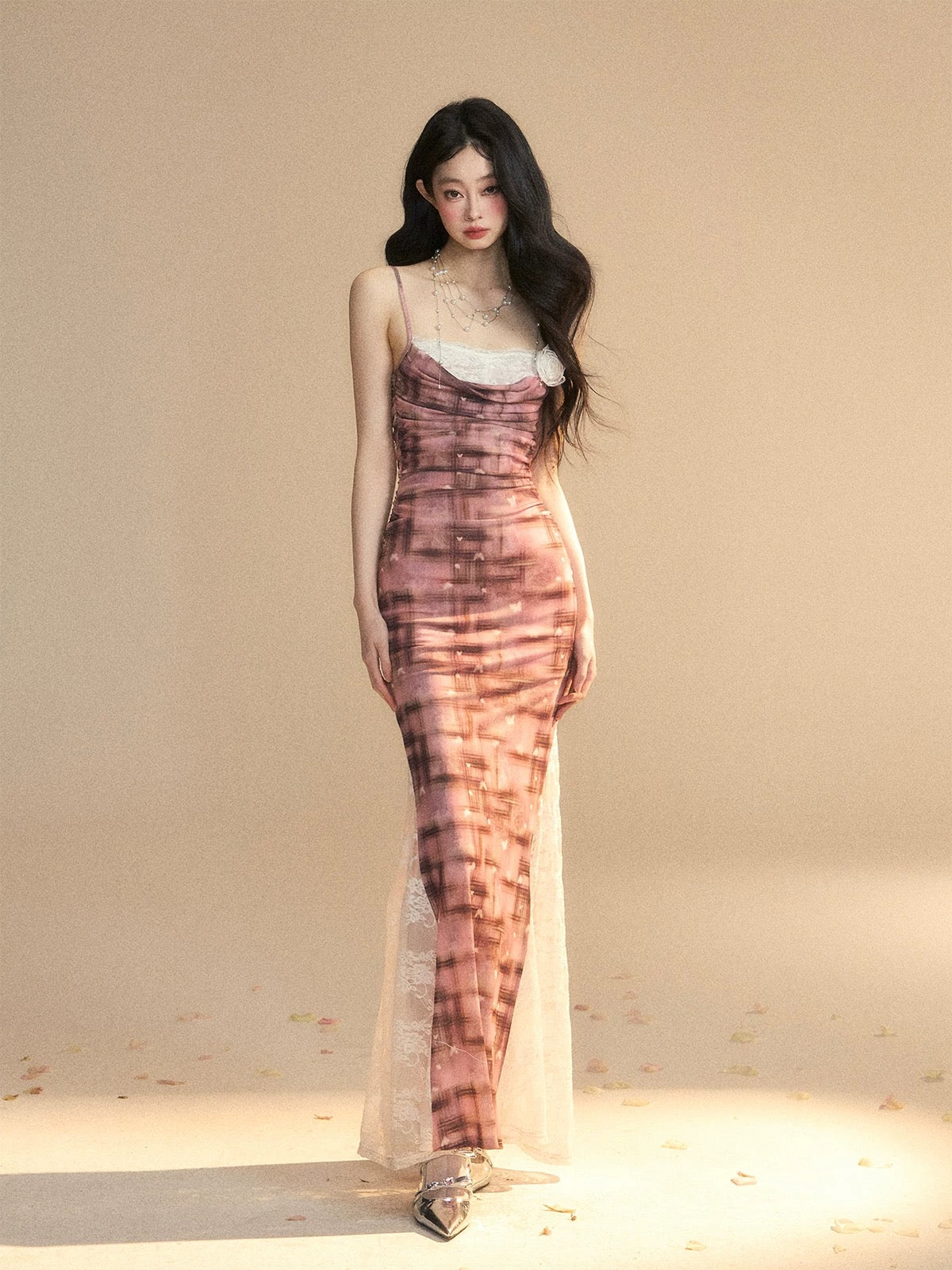 Shao Yeyan Lillian Dream One Shoulder French Lace Plaid Suspender Dress Women's Summer Waist Slimming Long Dress