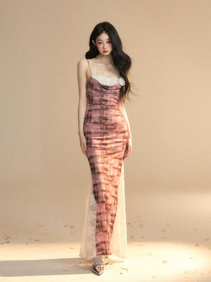 Shao Yeyan Lillian Dream One Shoulder French Lace Plaid Suspender Dress Women's Summer Waist Slimming Long Dress