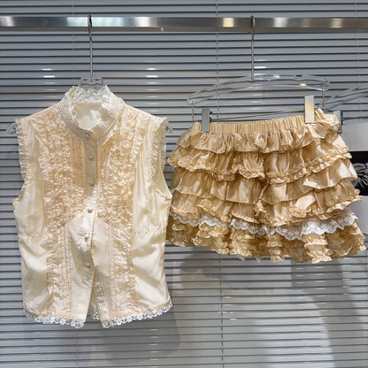 Internet celebrity same style 2025 summer new style sweet temperament pleated lace shirt vest + multi-layer cake skirt suit
