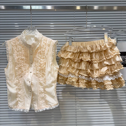 Internet celebrity same style 2025 summer new style sweet temperament pleated lace shirt vest + multi-layer cake skirt suit