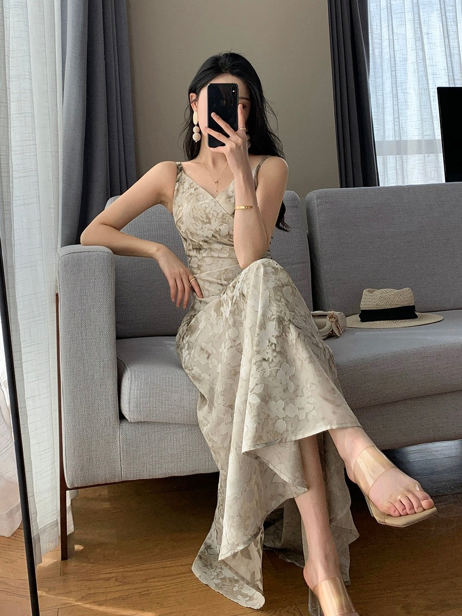 FT GUOGE floral suspender dress for women 2024 new summer style super nice French pleated waist slimming long skirt