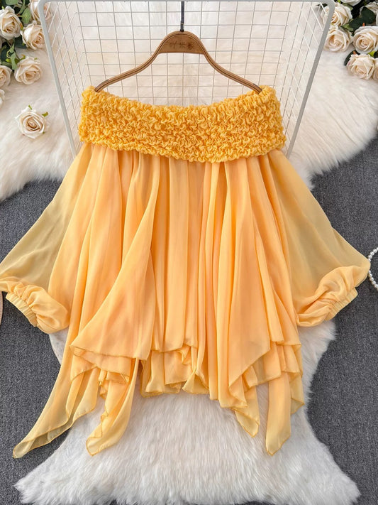 Fairy top, super sweet, heavy-duty pleated one-line collar, off-shoulder pure desire French puff-sleeve irregular chiffon top