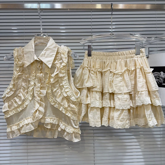 Internet celebrity same style 2025 summer new style sweet temperament pleated lace vest + skirt cake skirt suit for women