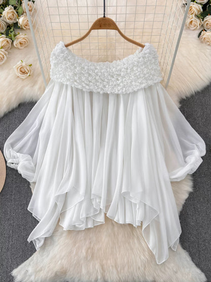 Fairy top, super sweet, heavy-duty pleated one-line collar, off-shoulder pure desire French puff-sleeve irregular chiffon top