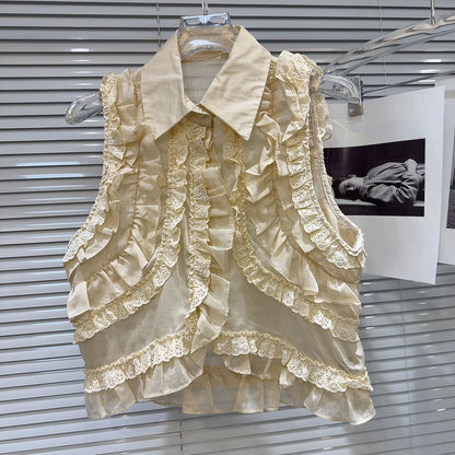 Internet celebrity same style 2025 summer new style sweet temperament pleated lace vest + skirt cake skirt suit for women