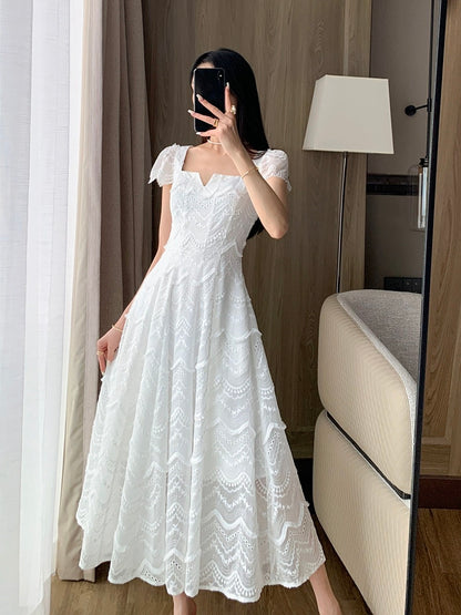 Guoge's 2024 summer new white square neck dress women's French tea break gentle wind tencel small white dress