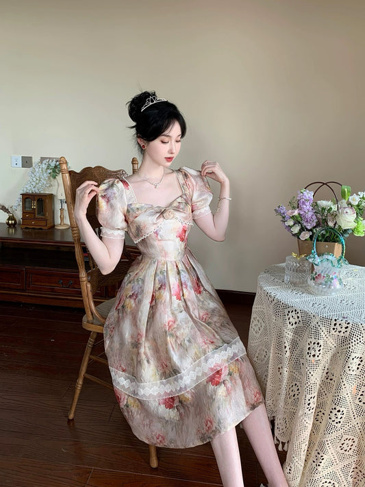 PartyYan Flowers Retro Oil Painting Palace Art Exquisite Jacquard Lace Sweet Princess Waist Dress