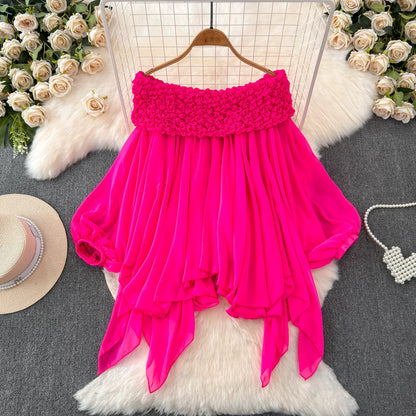 Fairy tops are super sweet and heavy pleated with off-shoulder neckline, pure French puff sleeves, irregular chiffon shirt