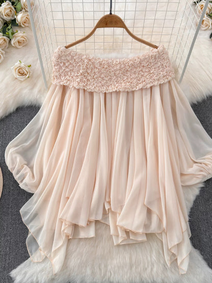 Fairy top, super sweet, heavy-duty pleated one-line collar, off-shoulder pure desire French puff-sleeve irregular chiffon top