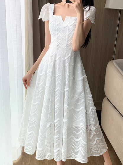 Guoge's 2024 summer new white square neck dress women's French tea break gentle wind tencel small white dress