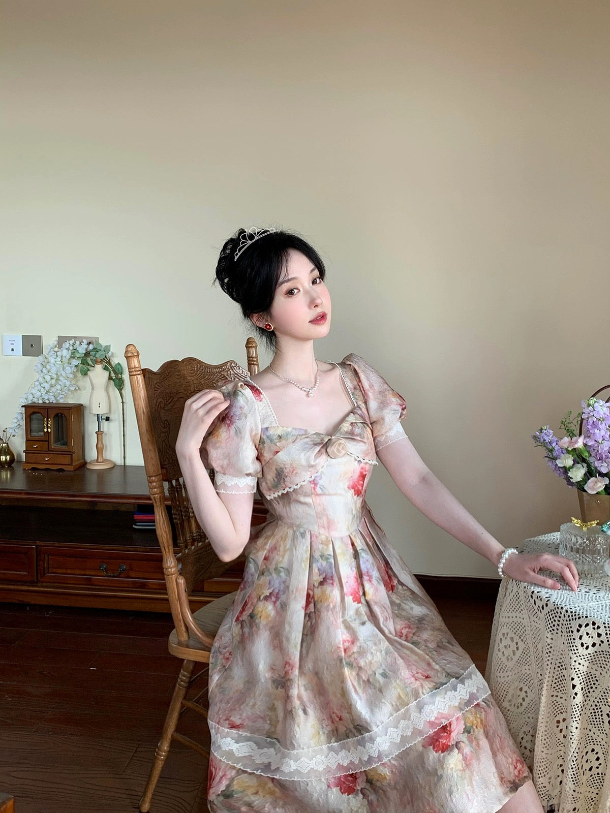 PartyYan Flowers Retro Oil Painting Palace Art Exquisite Jacquard Lace Sweet Princess Waist Dress