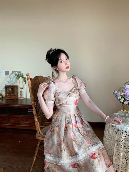 PartyYan Flowers Retro Oil Painting Palace Art Exquisite Jacquard Lace Sweet Princess Waist Dress