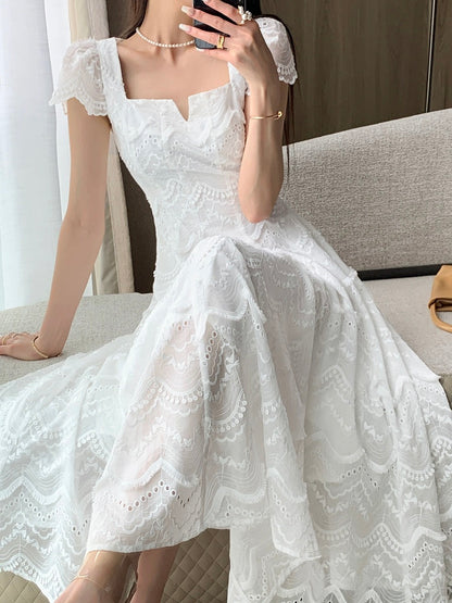 Guoge's 2024 summer new white square neck dress women's French tea break gentle wind tencel small white dress