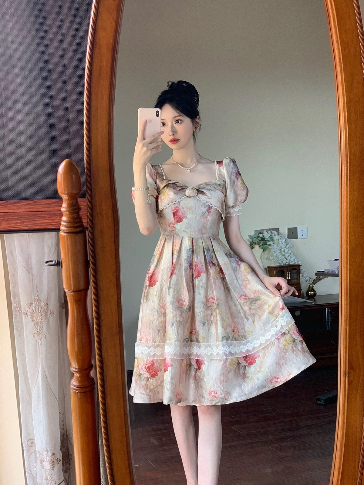 PartyYan Flowers Retro Oil Painting Palace Art Exquisite Jacquard Lace Sweet Princess Waist Dress