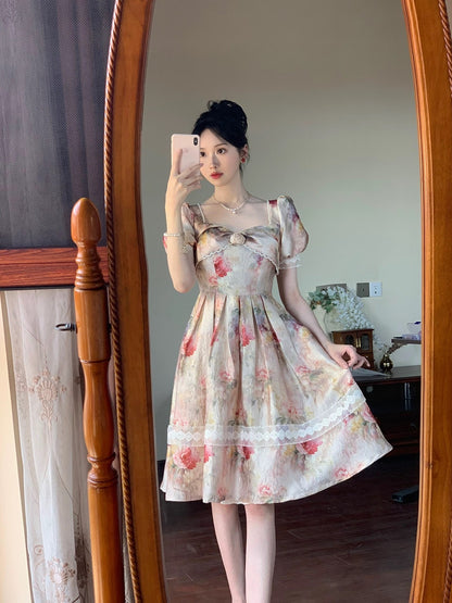 PartyYan Flowers Retro Oil Painting Palace Art Exquisite Jacquard Lace Sweet Princess Waist Dress