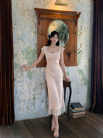 PartyYan Ballet French Elegant Lace Satin Exquisite Temperament Socialite Slim Dress Summer