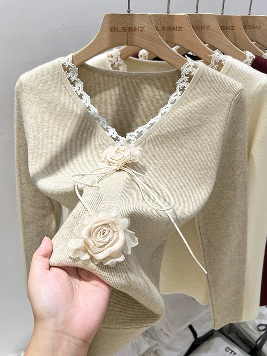 French v-neck lace sweater for women in autumn and winter design niche stitching flower top bottoming shirt for women