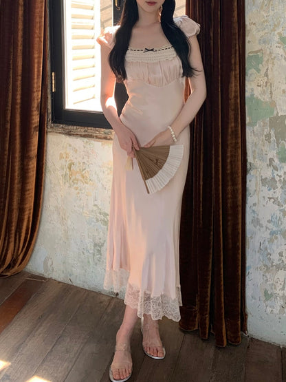 PartyYan Ballet French Elegant Lace Satin Exquisite Temperament Socialite Slim Dress Summer