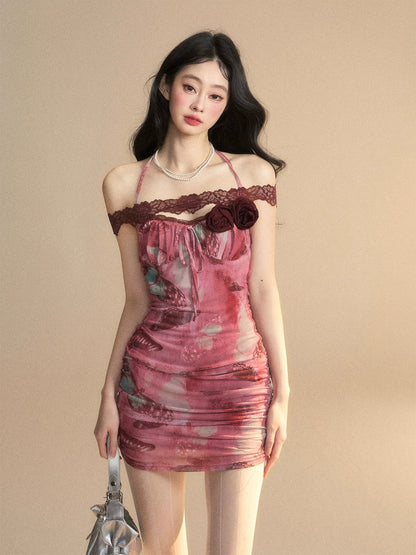 Shao Ye Yan Hot Wave Rose One Shoulder French Lace Halter Neck Dress Women's Summer Backless Slimming Hip-wrapped Short Skirt