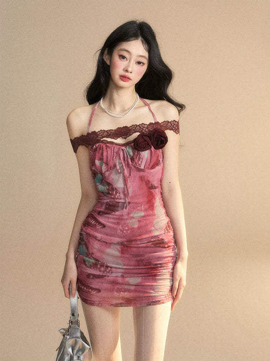Shao Ye Yan Hot Wave Rose One Shoulder French Lace Halter Neck Dress Women's Summer Backless Slimming Hip-wrapped Short Skirt