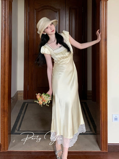 PartyYan Ballet French Elegant Lace Satin Exquisite Temperament Socialite Slim Dress Summer