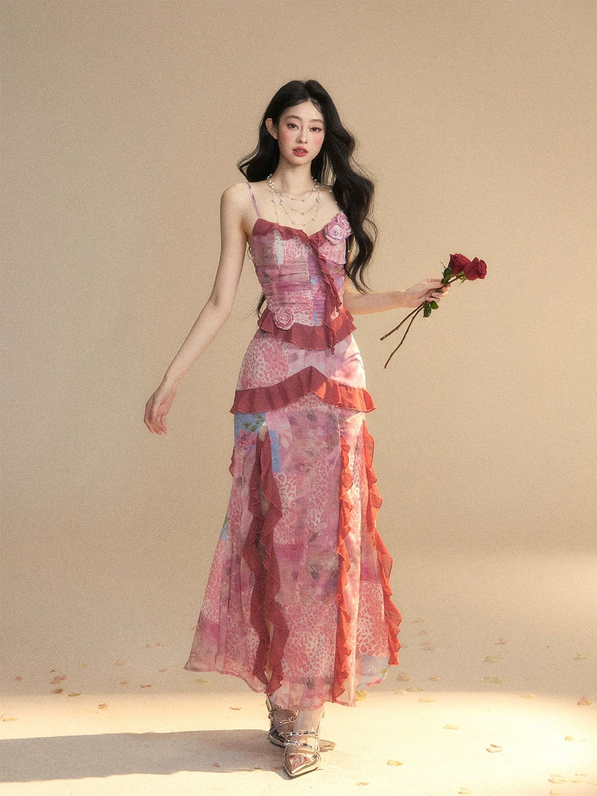 Shao Ye Yan Fragrance Ming Ling One-shoulder French Royal Sister Style Chiffon Suspender Dress Women's Spring and Summer Hip-wrapped Long Skirt