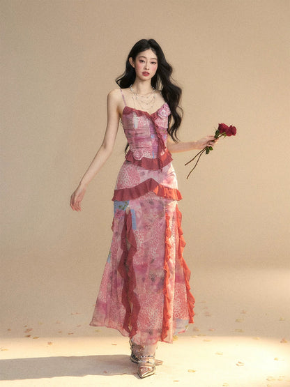 Shao Ye Yan Fragrance Ming Ling One-shoulder French Royal Sister Style Chiffon Suspender Dress Women's Spring and Summer Hip-wrapped Long Skirt
