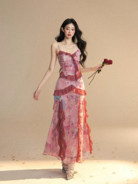 Shao Ye Yan Fragrance Ming Ling One-shoulder French Royal Sister Style Chiffon Suspender Dress Women's Spring and Summer Hip-wrapped Long Skirt