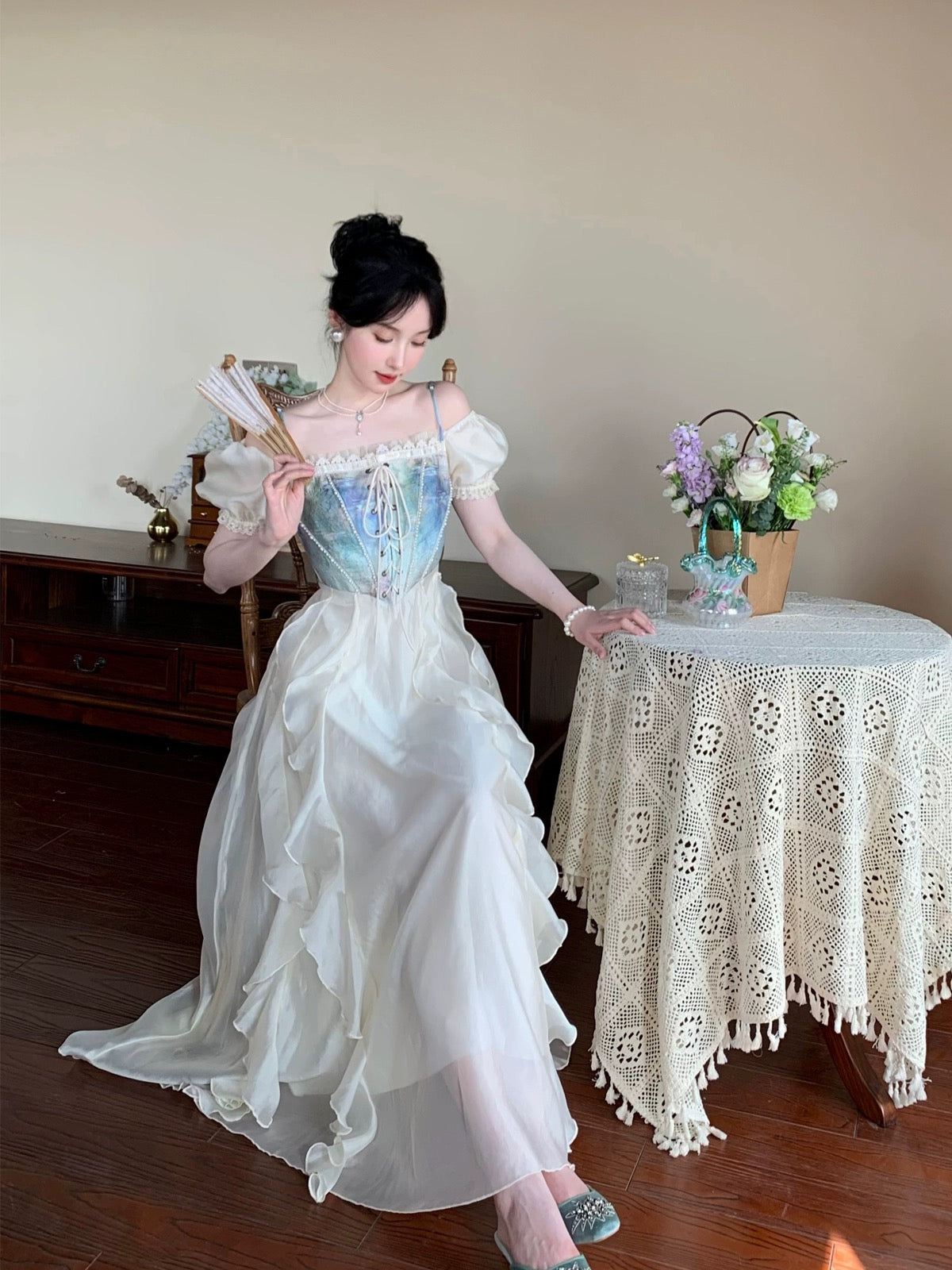 PartyYan to Alice The fugitive princess dream vacation dress bra fake two-piece ruffled long skirt